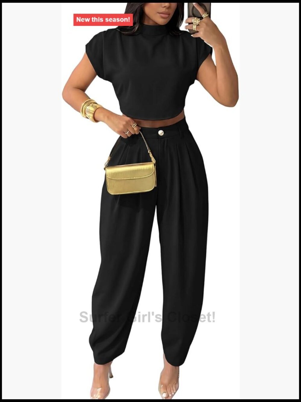 Casual Mock Neck Cap Sleeve Crop Top & Palazzo Pants 2 Piece Set